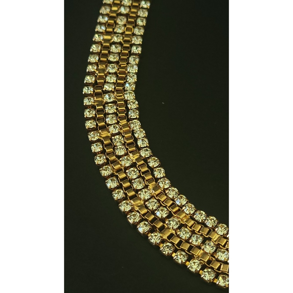 Vintage 4 Row Clear Rhinestone Choker Necklace Gold Tone 14" Cocktail Collar